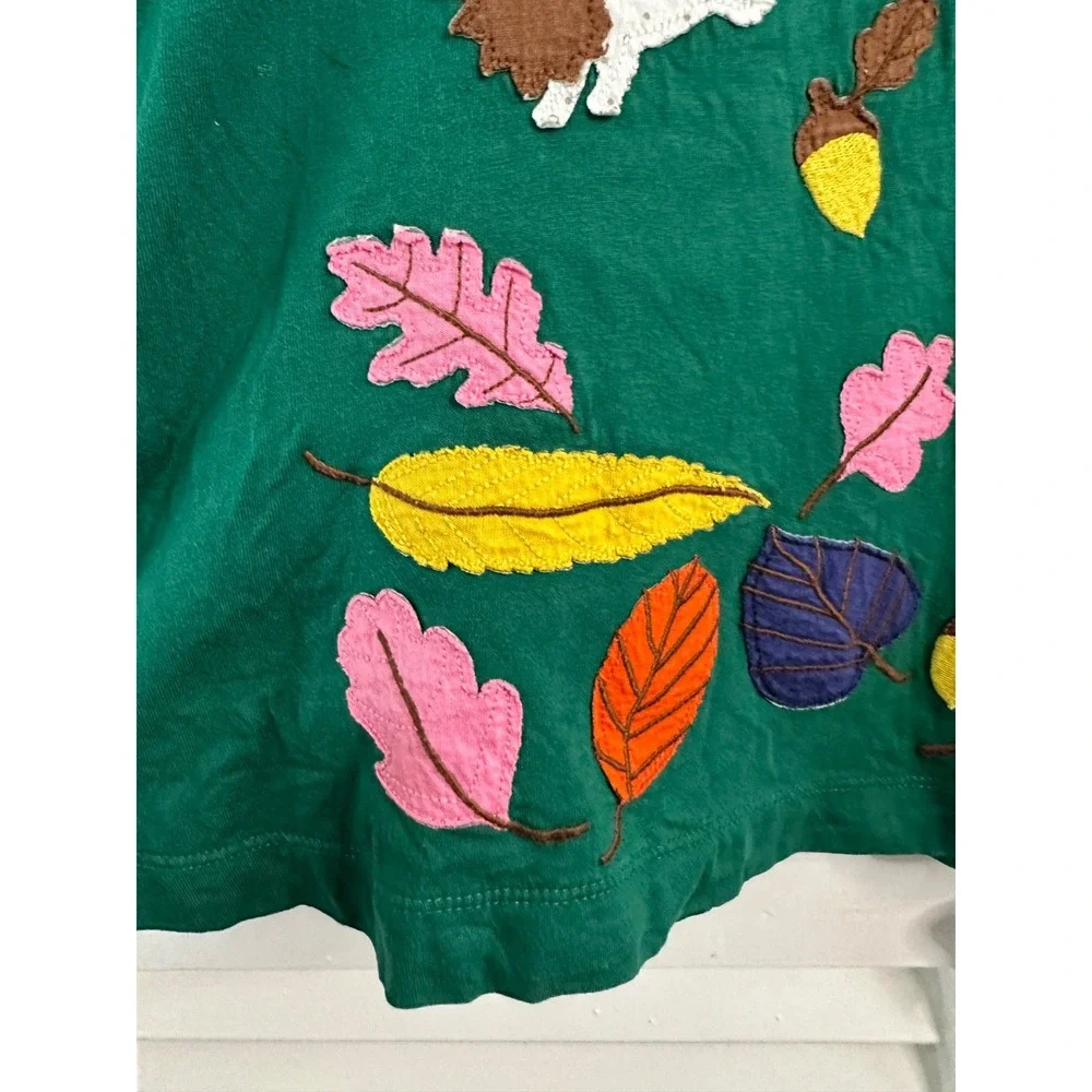 Mini Boden Size 7-8 Green Fall Autumn Forest Animals Applique Long Sleeve Dress